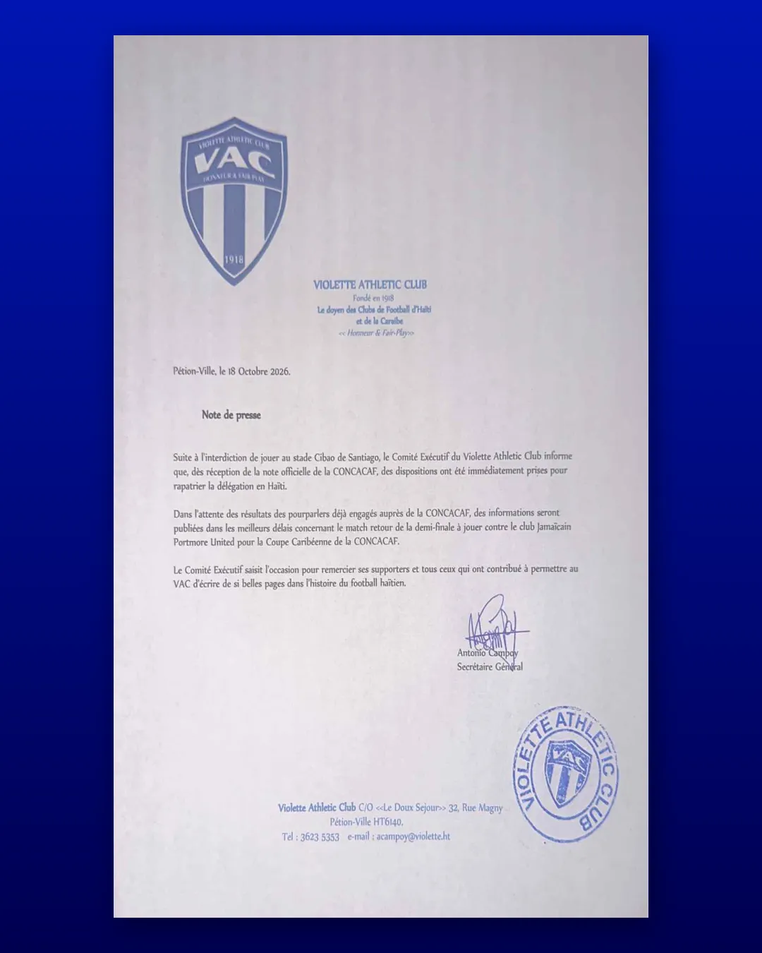 Note de presse officielle du Violette Athletic Club du 18 octobre 2026