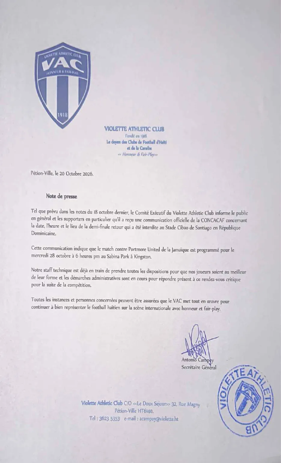 Note de presse officielle du Violette Athletic Club du 20 octobre 2026