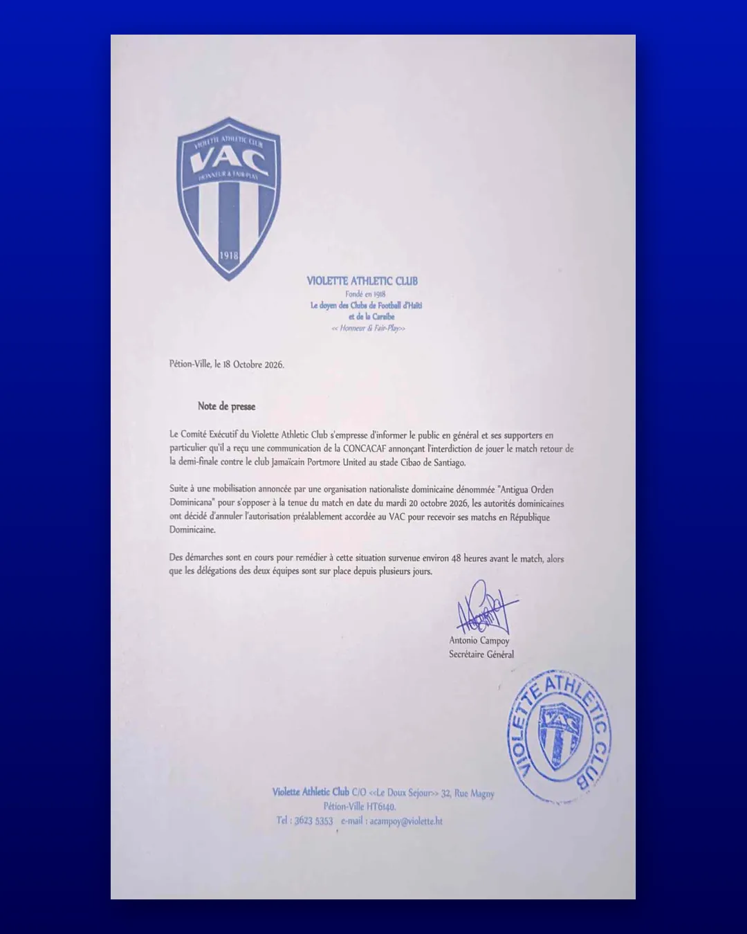Note de presse du Violette AC sur le match retour contre Portmore United